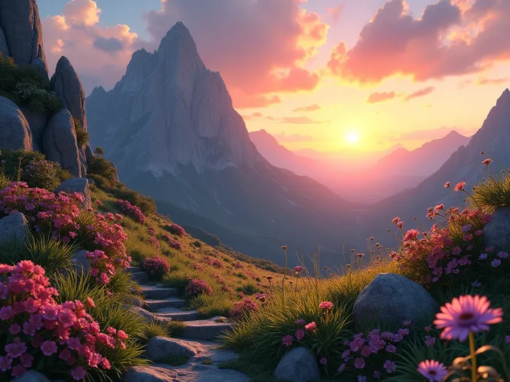 a mountain with vegetation and flowers which watch the sunset