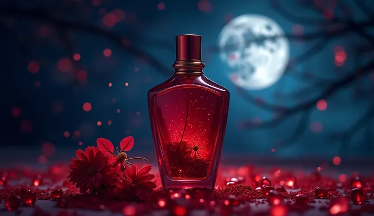 , a promotional photo of the love potion. Luna Crescenta against the background of a mysterious night sky with bright stars and the moon, a red bottle of perfume is open, the bottle must have a sophisticated forum, and inside the flower buds, and red gemst...