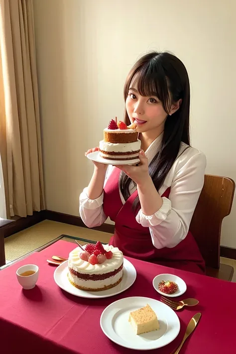 Japanese woman eating bedroom cake plate fork