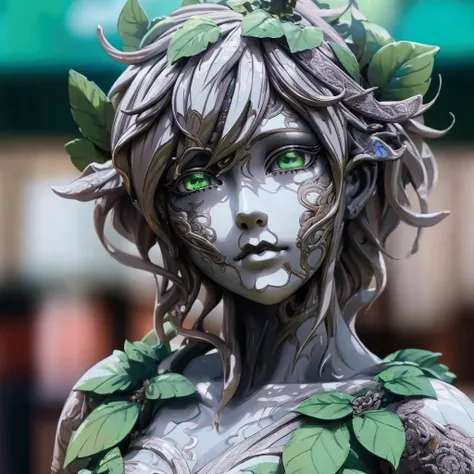 there is a statue of a woman with green eyes and a leafy head, intricate ornate anime cgi style, anime character; full body art, hyperdetailed fantasy character, anime highly detailed, portrait of a living statue, close up bust shot, fey queen of the summe...