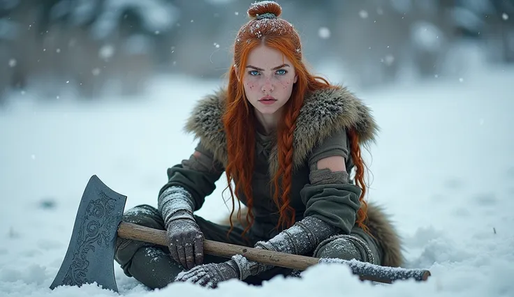  женщина 17 лет в скандинав викинг сидит в  snow у с топором, very beautiful barbarian woman ,  very beautiful berserk woman , barbarian woman , Red-haired queen in heavy red armor, amorant,  female barbarian warrior , amorant as a super villain, glamorous...