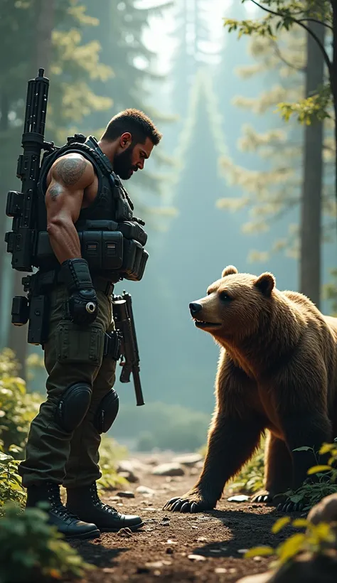 Create an ultra realistic image --ar 9:16 of the character "Maxim" from "Free Fire", dressed with all the characteristics of the game, and a "Grizzly Bear". One facing the other. The scene takes place in the game environment. --ar 9:16 --q 2.