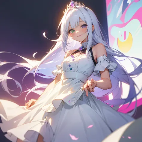  Heterochromia,Right eye green,Left eye purple,clear,  1girl, One girl, White hair, be happy, smile, cute, Friendly, cheerful, Bright, Long hair flowing, This white dress with a gradient to light purple gives off a sweet and romantic feel. It is decorated ...