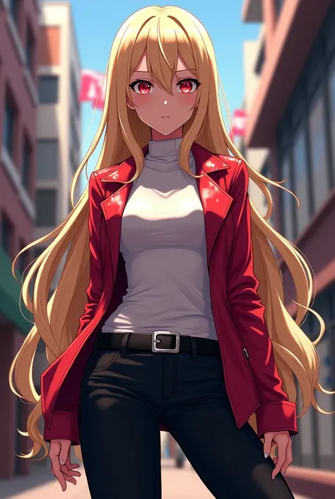 → My Hero Academia oc Girl with long straight blond hair, red eyes, Black pants, White long-sleeved shirt and Red Leather jacket