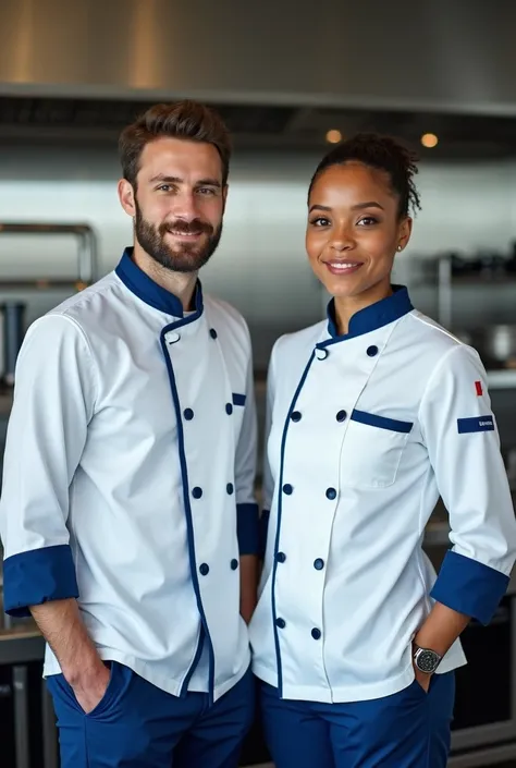 TWO CHEFS IN WHITE AND BLUE UNIFORMS POSING TOGETHER LOOKING FORWARD