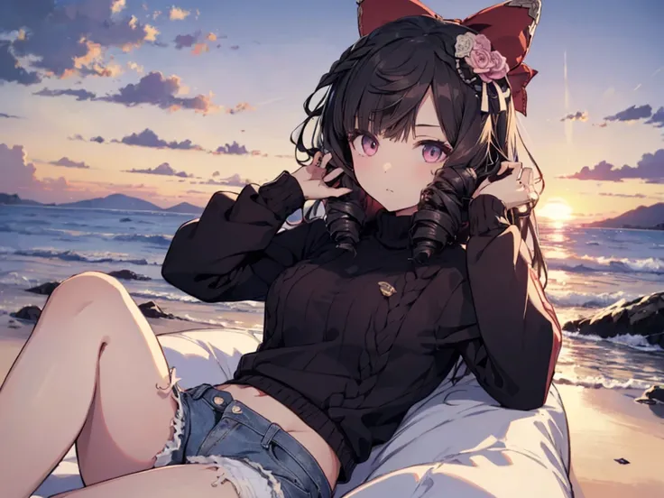 solo、 1 Girl 、(Human Ear)、( short)、( black hair、Long Hair、 hair tied with big red ribbon 、Flower hair ornament on the front )、( yandere)、( face lying on air mattress 、 place your hand on the head、 looking at the camera)、( denim shorts 、 turtleneck black ca...