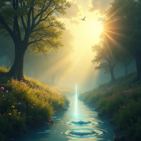 A celestial and awe-inspiring representation of the miracles of Prophet Isa (AS), encapsulating divine grace and healing. The scene focuses on a serene and radiant atmosphere, with a soft golden and blue light streaming down from the heavens, illuminating ...