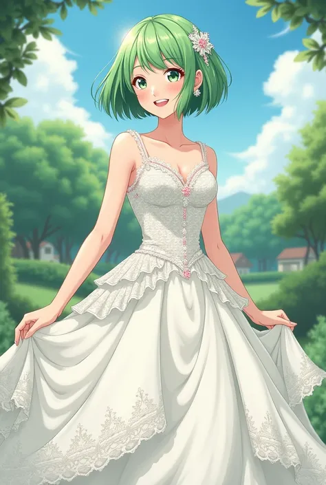 Wedding dress, anime, hair green, happy, beautiful, short hair, cut bob