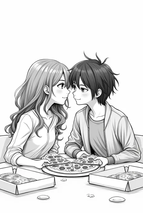 • “Iris and Édra Norr  ,  characters from Love Is Not Obvious , em um desenho no estilo de preto e branco with traços detalhados, sentadas em uma mesa withpartilhando uma pizza, with caixas abertas e detalhes witho risos e descontração
Íris tem 17 anos,  i...