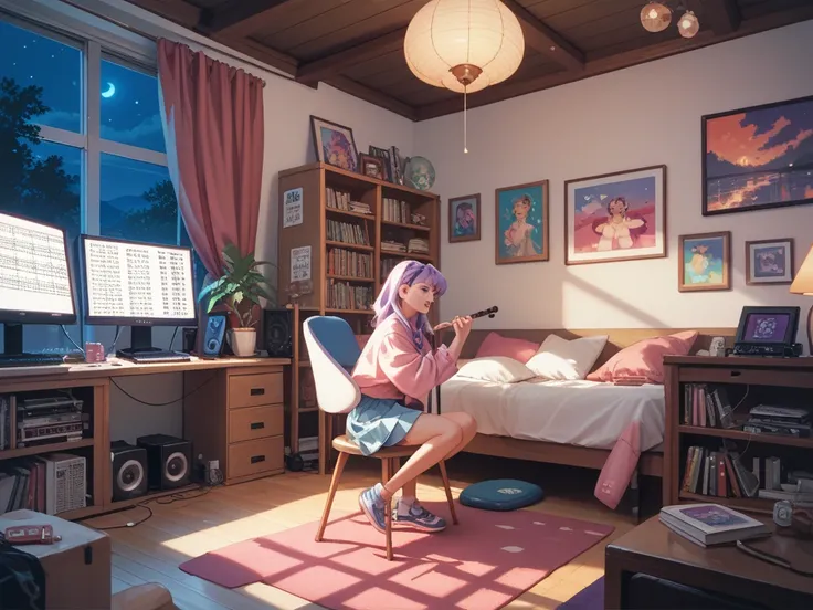 80s, japanese gril, cty pop style, anime girl, shes room, listen music, night, color is pale pink and purple, 