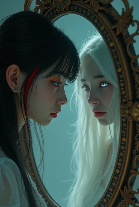 1 ragazza asiatica con i capelli lunghi neri , con la frangetta , with a red lock in her hair and fiery red eyes and a ghost girl with long white hair and white complexion and light eyes looking out of a mirror as if one of them were trapped inside 