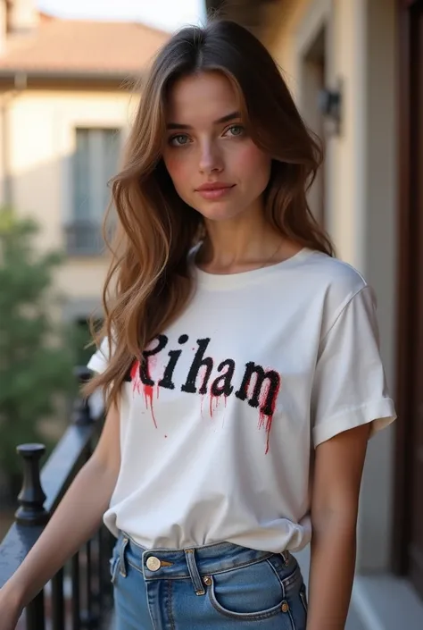 23 years old Italian girl, Brown hair, gray eyes, full body Shot from a distance 10 meter, mini sexy jeans skirt, patterned white T-shirt Embroidered with black and red lines written with the letters " Riham",دقة عالية, ابتسم, شعر قصير, أفضل جودة, عمل رائع...