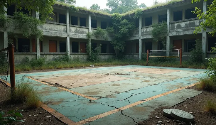 Old and broken volleyball court within a school