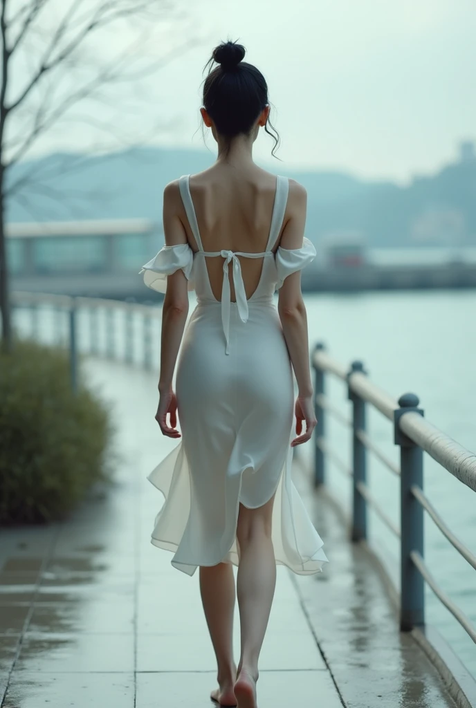  1 slim Japanese woman in her 30s 。 small breasts 。Long legged 。 black hair、The hairstyle is chignon。 beautiful legs、 white skin。sense of exaltation。Realistic live action。Back view of a woman walking along the waterfront。