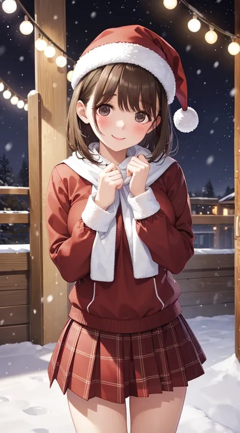 (masterpiece), (best quality), girl standing outside in the snow, wavy brown short hair, red sweater, plaid skirt, santa claus hat, smiling, sexy, perfect body, christmas lights, night, (snowing: 1.25)