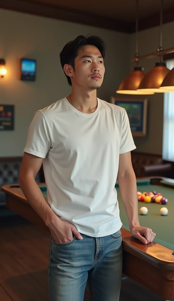 A tanned skin korean guy with a relaxed demeanor, dressed in a plain white t-shirt and faded jeans, leaned against the pool table, surveying the game room