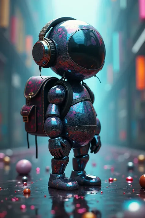 A trippy picture with surreal qualities but the main focus is of a short humanoid made of reflective, dark colored  bubbles and is wearing headphones and wears a backpack