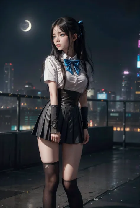 (masterpiece、Best Quality、Best Quality、High resolution、Real、RAW Photo 8k)、(SF、Cyberpunk night cityscape、Cyberpunk night neon city:1.2)、European Girls、Bright deep blue eyes、Sharp Eye、Thin Nose、Beautiful Face、Female 1 person、beautiful girl、Junior high school...