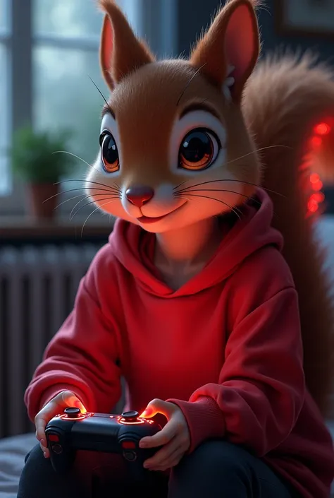 realistic image of a squirrel girl , The image only has to have black ,  phosphorescent red and the color of the normal squirrel ,  who is dressed in a red or white sweatshirt and a black pans playing video games, Dont let your eyes shine