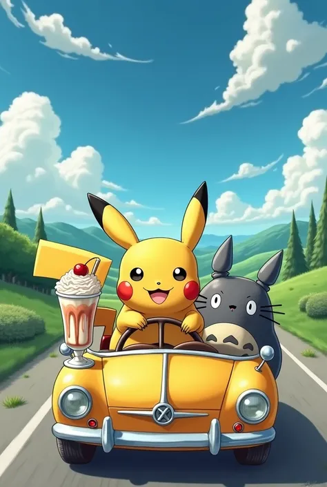  The car that drives Pikachu . He has a milkshake .  Next to him in the passenger seat is my neighbor totoro