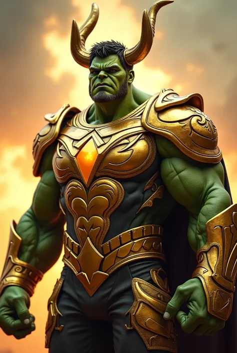 " An ultra realistic 8K image of the Hulk wearing the golden armor of Taurus Aldebaran,  with intricate and brilliant details ,  blending his muscular, green appearance with the golden metallic sheen of the armor . The background setting is epic ,  with dr...