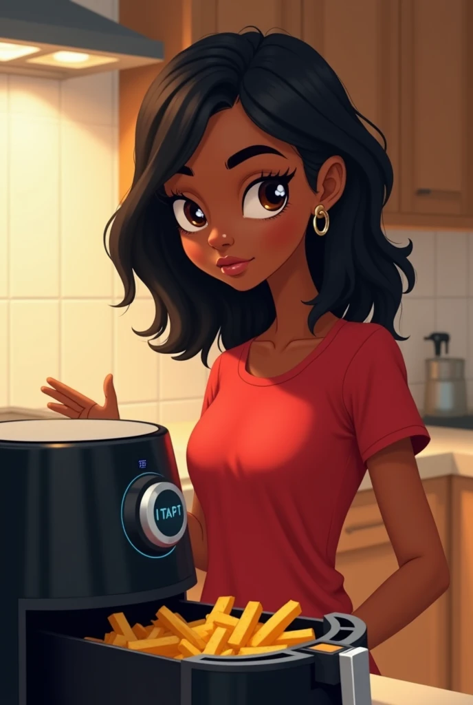 Create an image of a girl cooking in an airfryer who is wearing a red t-shirt with fries is a mulatto with shoulder-length black hair with thin black eyebrows blue eyelashes and brown eyes additionally she is Skinny and has a Jewish nose
She is supposed to...