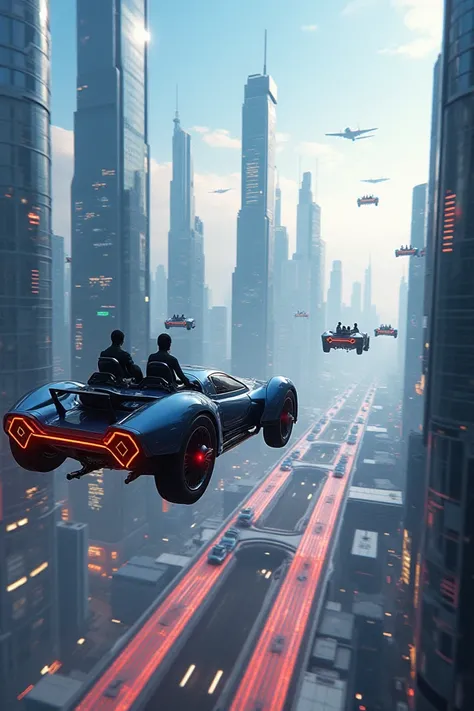 A technologized world with flying cars, airplanes and technology