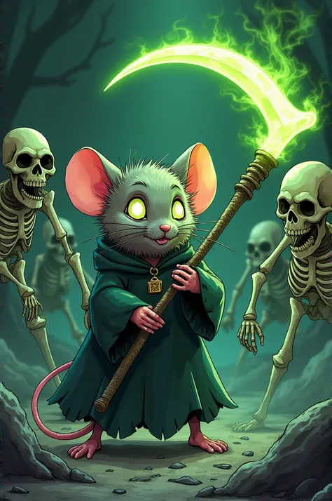 Manga necromancer as mouse with glowing green scythe and golems