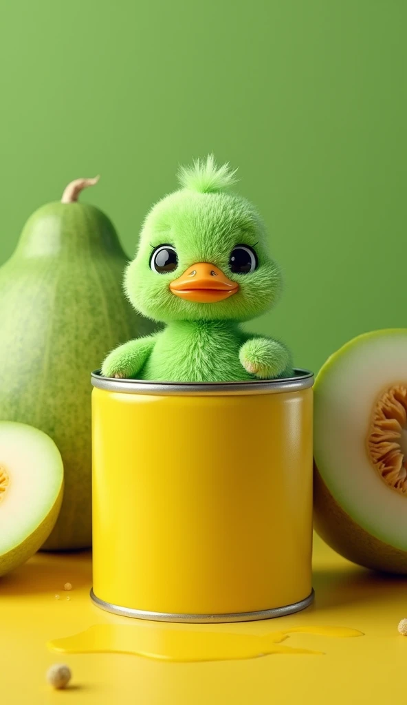  A green duck , Green furry  , Honeydew in a can of yellow paint 