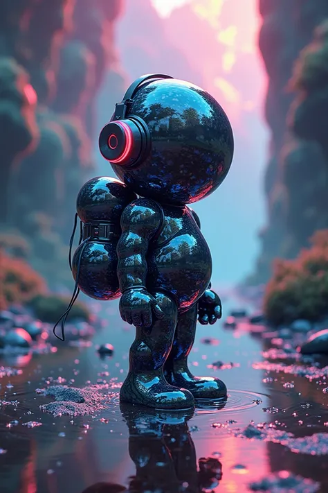 A trippy trippy, psychedelic, picture with surreal qualities but the main focus is of a short humanoid made of reflective, dark colored bubbles and is wearing headphones and wears a backpack 