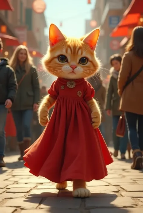 Light Orange cat wearing covered hands not revealing beautiful cute  red long  frock walking in style people are watching her 