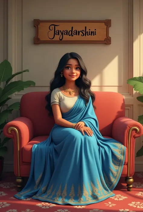 A Indian chubby girl wearing gown blue and white colour sit at sofa with name at wall (JAYADARSHINI)
