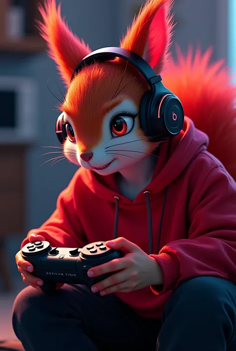 realistic image of a squirrel girl , The image only has to have black ,  phosphorescent red and the color of the normal squirrel , That she is wearing a red or white sweatshirt and a black pans playing video games and that she has large headphones, Dont le...