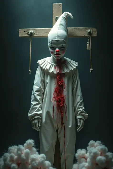 Sad pierrot clown puppet with white clown doll face and white pierrot hat crucified in theater
A spear pierces his chest and red cotton wool is leaking like blood from his wound