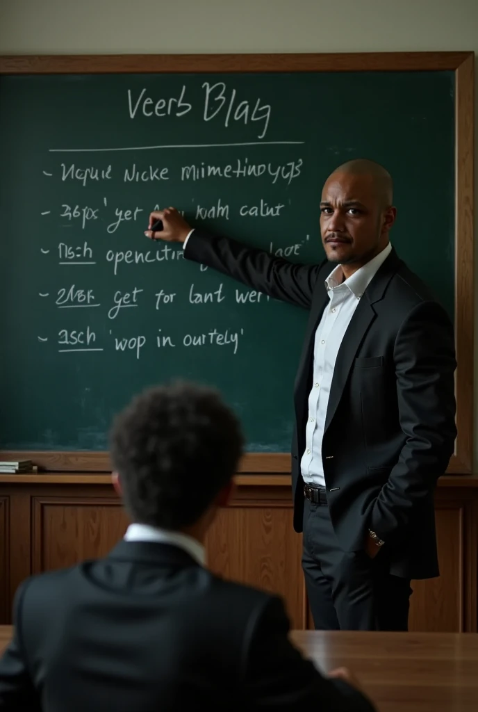 a handsome black man with shaved hair ,  teacher writing with chalk on the blackboard ,  are writing on a blackboard  " Verb is a grammatical class that expresses actions ,  States ,  natural phenomena or other facts , localizando-os no time.  Verbs flex i...