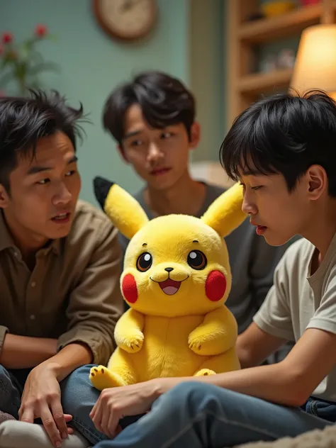 Full indoor shot of a group of people, likely Asian, holding a  who is wearing a Pikachu costume. 


The Pikachu is styled as a plush toy or collectible figure, a very realistic representation of the popular Pokémon character. The Pikachu is positioned as ...