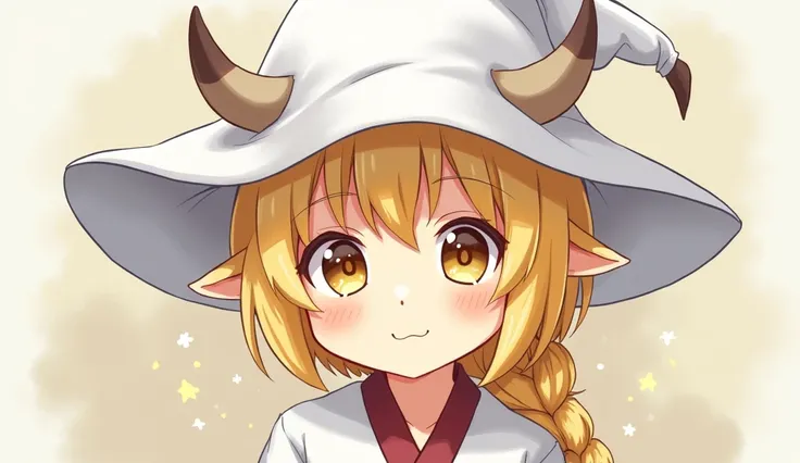 Omelet，Blonde with golden eyes，Long single  braid，Ahoge，male，Japanese Anime， Shota, white wizard hat, Cow ears, Vertical painting style,  Anime Style, illustration, 