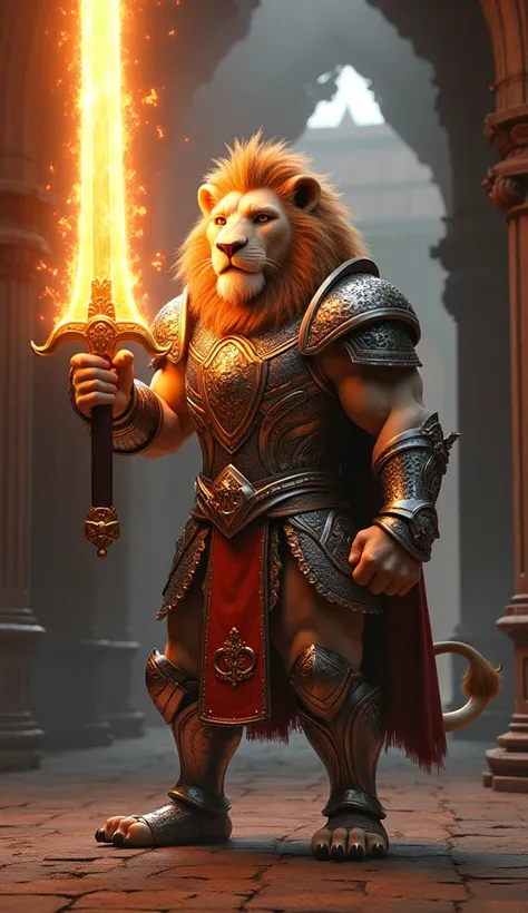 PIXAR style drawing , a warrior lion wearing very beautiful silver armor with realism with his fiery sword, illuminated environment, high resolution,  Best Quality 