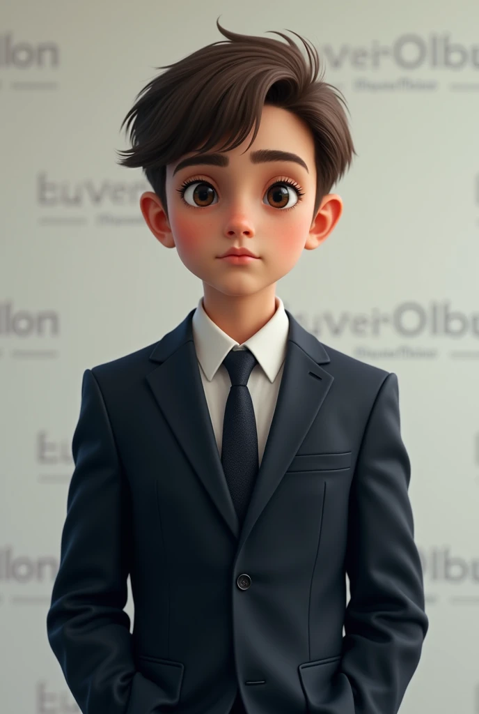 Boy wearing a suit boy is  boy seriously the boy has brown hair and the background is written Everlon and the boy is Brazilian make a boy very real