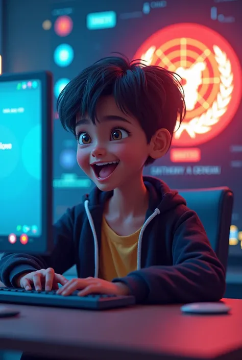 Bleinys ,  young and enthusiastic ,  in front of his computer ,  with the colors of the UNAD in the background.