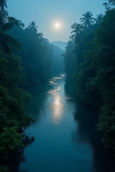 A river scene with deep and very clear river water in the equatorial rain forest, can be clearly seen in the water, in the background there is a forest scene on the left and right, it is night and some soft moonlight; Recorded on a DJI Mavic 3 Pro | 24MM H...