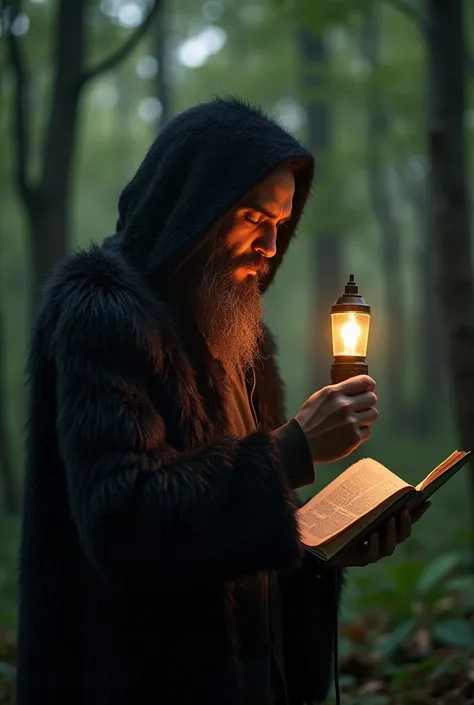 Un homme gabonais dans la forêt avec une lampe et une bible dorées à la main et des vêtements en peau de panthère noire et des long cheveux , entrain de lire cette bible dorée