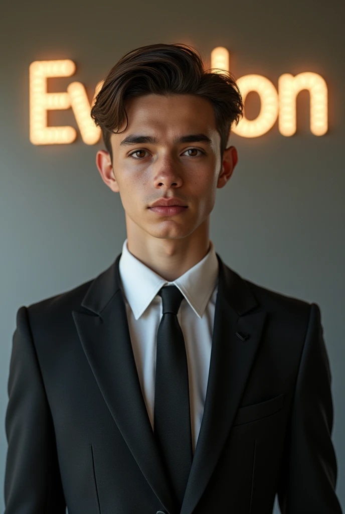 Boy wearing a suit boy is  boy seriously the boy has brown hair and the background is written Everlon and the boy is Brazilian make a boy very real make him more real make him a little older and a little more handsome