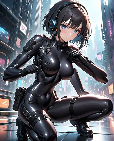 masterpiece, best quality, best quality,Very  Details,8k,wallpaper, A Japanese woman , small face, Extremely Fitted Black Enamel Shiny Tactical Bodysuit, tactical headset, tactical holster , Tactical Gloves ,  long boots,Breaking Serious, short hair , blac...