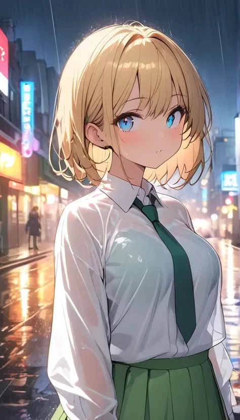  1 girl , Blonde,  Short Hair ,  blue eyes,  white shirt,  green tie,   GREEN SKIRT , city, rain,  detailed background 