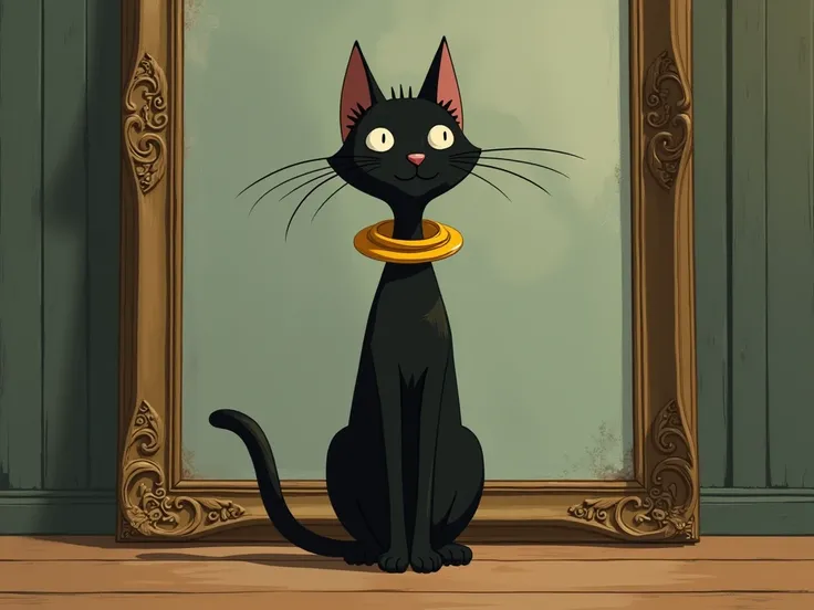 She wears a yellow collar around her neck in front of a retro full-length mirror。Anthropomorphic black cat。Standing on two legs。Ghibli style 。However, cats dont wear clothes 。