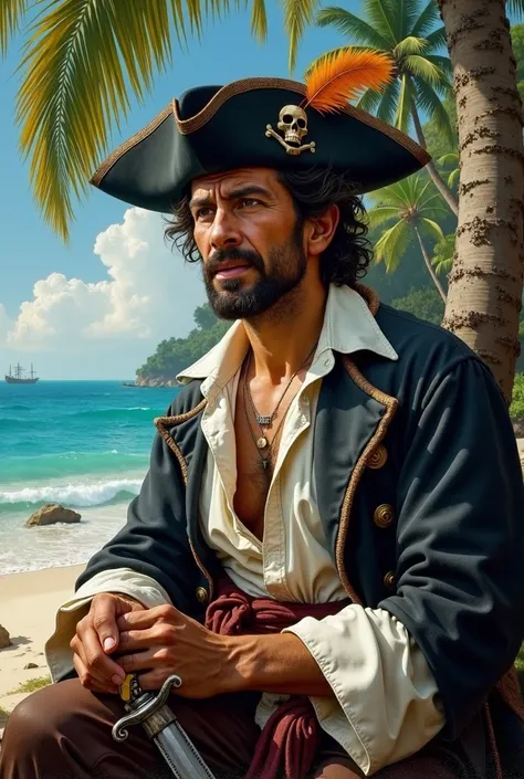 "Generate a portrait of a 17th-century English privateer explorer, with pirate-style clothing and a determined expression, set against a tropical Caribbean backdrop. He has to look like a painting