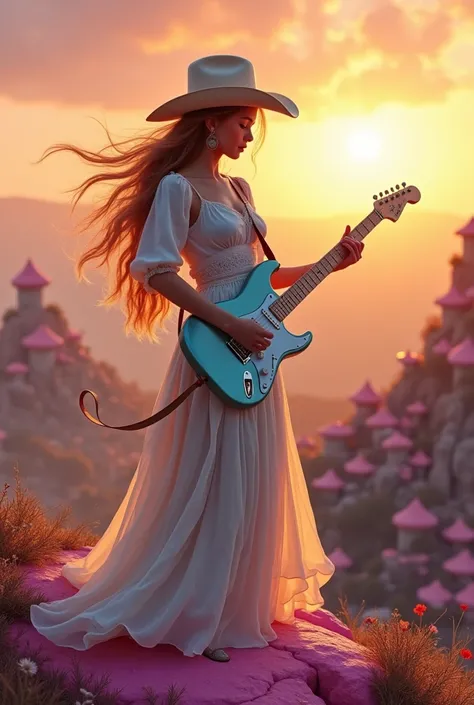 fantasy digital art, portrait of a very beautiful western girl playing a pale blue-yellow electric guitar on a bright pink rock as the sun sets around a fairy-tale-like village, she beautiful as godness at Universe, unique art, masterpiece of scenery, supe...