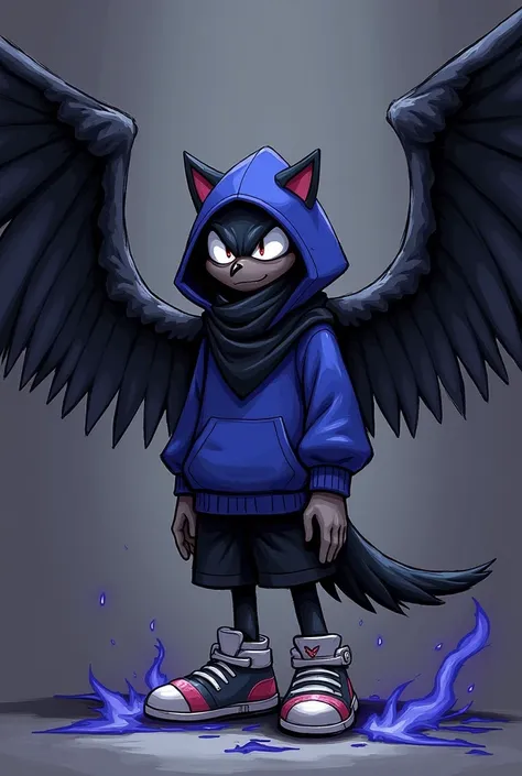  Evil mobian anthropomorphic raven boy with blue hooded sweater black scarf black shorts gray sneakers with wings spread, Dark shading, dark demonic shadow ,  expelling dark energy , Sonic style in sketch  