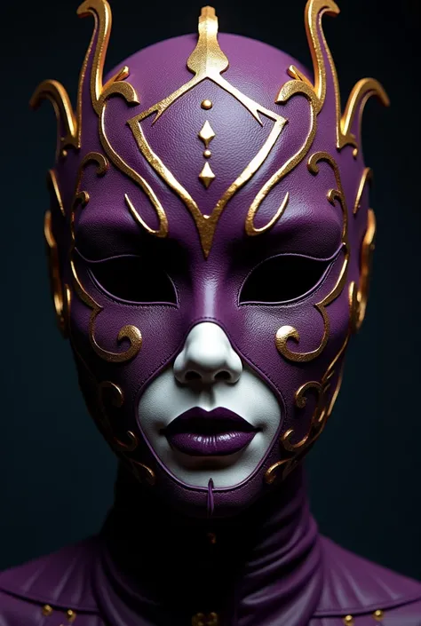 A purple and gold full face mask